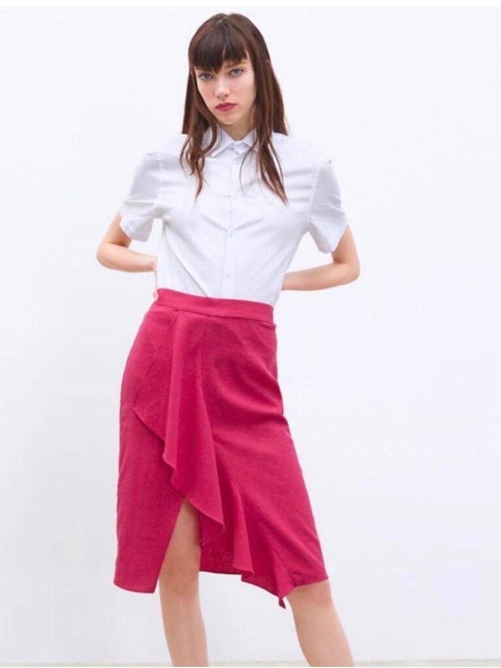 Zara Ruffle Midi Skirt in Fuchsia
